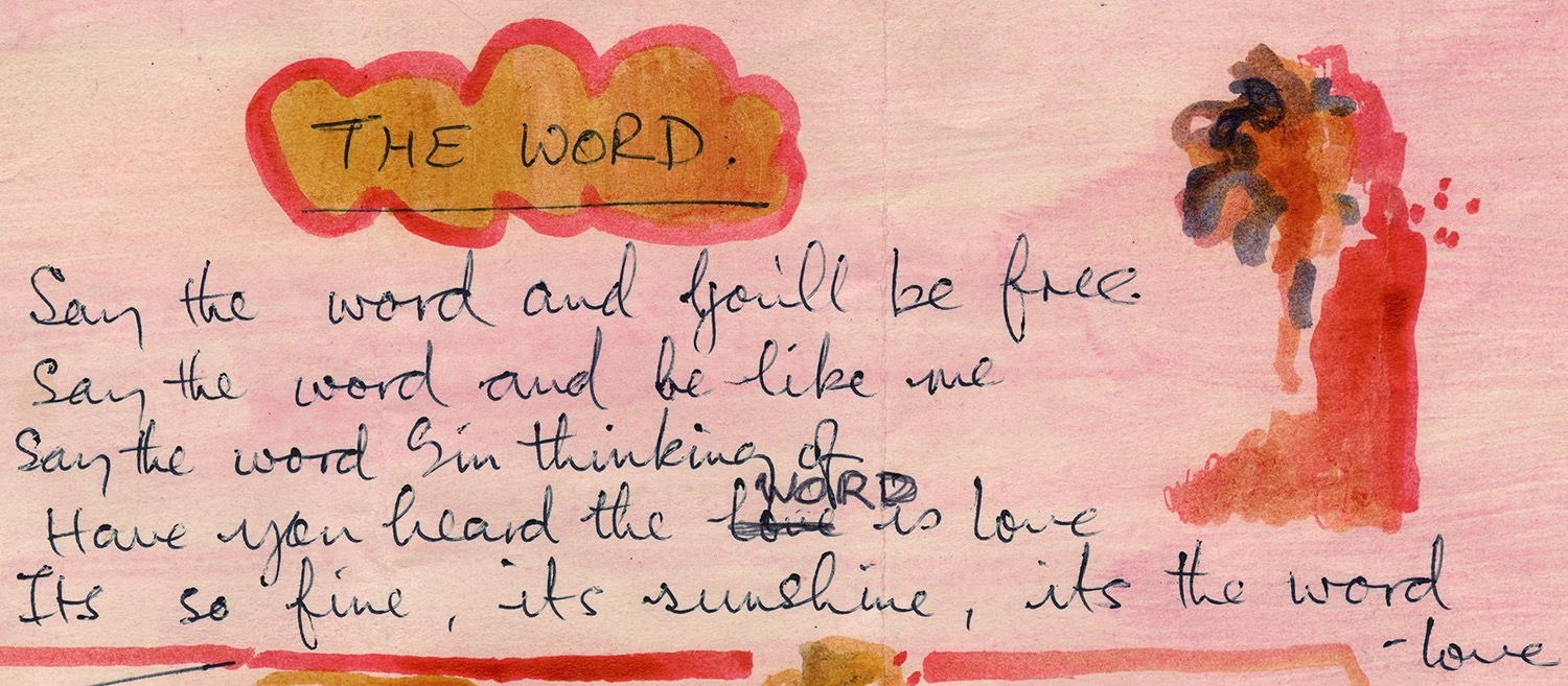 Lyric sheet for "The Word," one of seven Beatles lyric sheets acquired by Northwestern in the early 1970s.